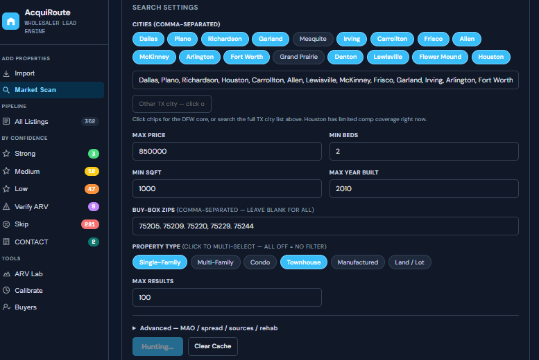AcquiRoute deal analyzer showing property details and rehab scenarios